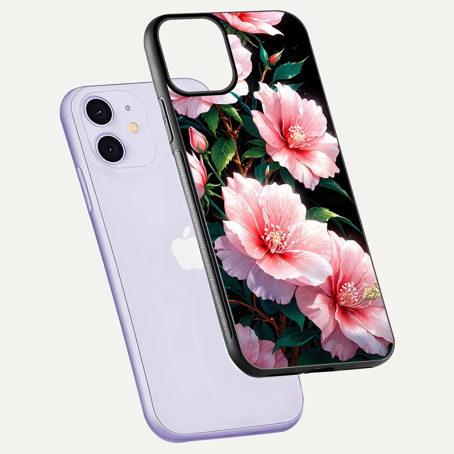 Peach Flower Glass Case for iPhone 11 floating dual-view mockup displaying shine and delicate flower art