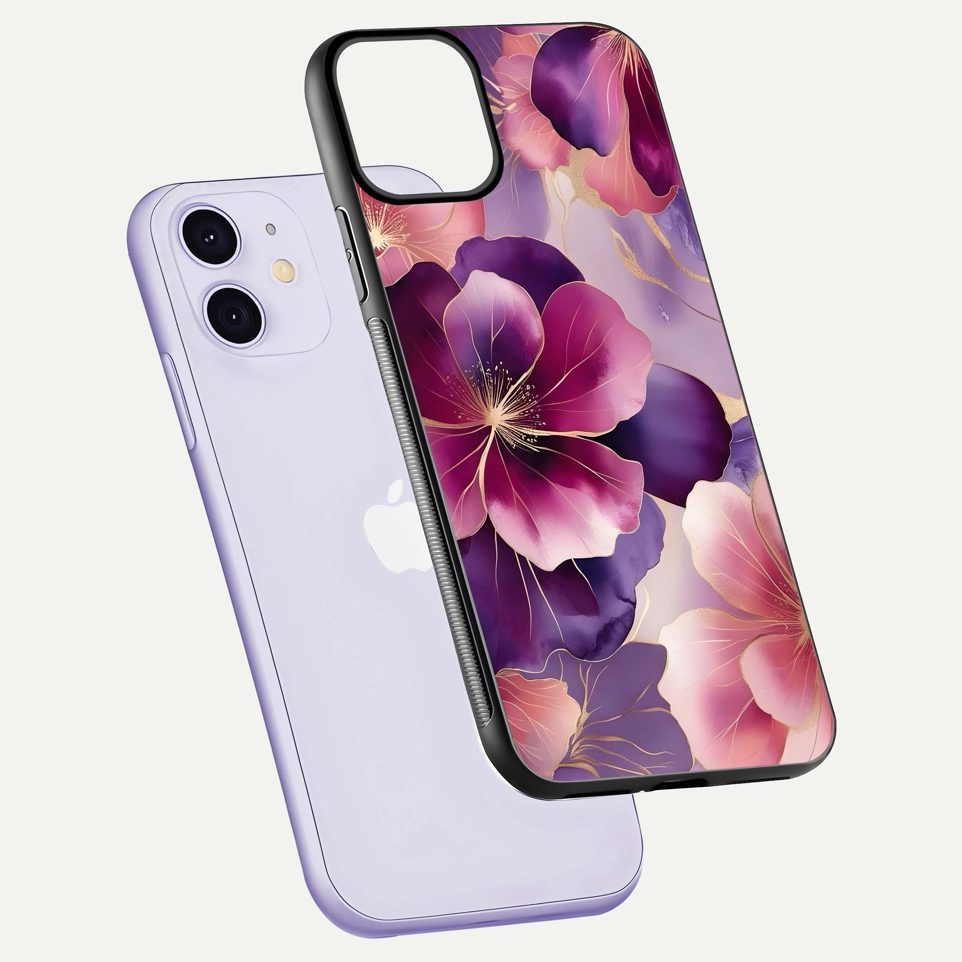 Pink Bouquet Florals Glass Case for iPhone 11 floating dual-view mockup showing gloss surface and color depth