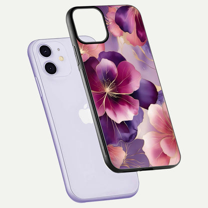Pink Bouquet Florals Glass Case for iPhone 11 floating dual-view mockup showing gloss surface and color depth