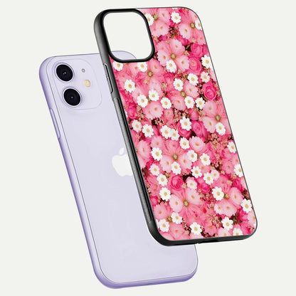 Pink Daisy Bliss Glass Case for iPhone 11 floating dual-view mockup displaying gloss shine and pastel tones