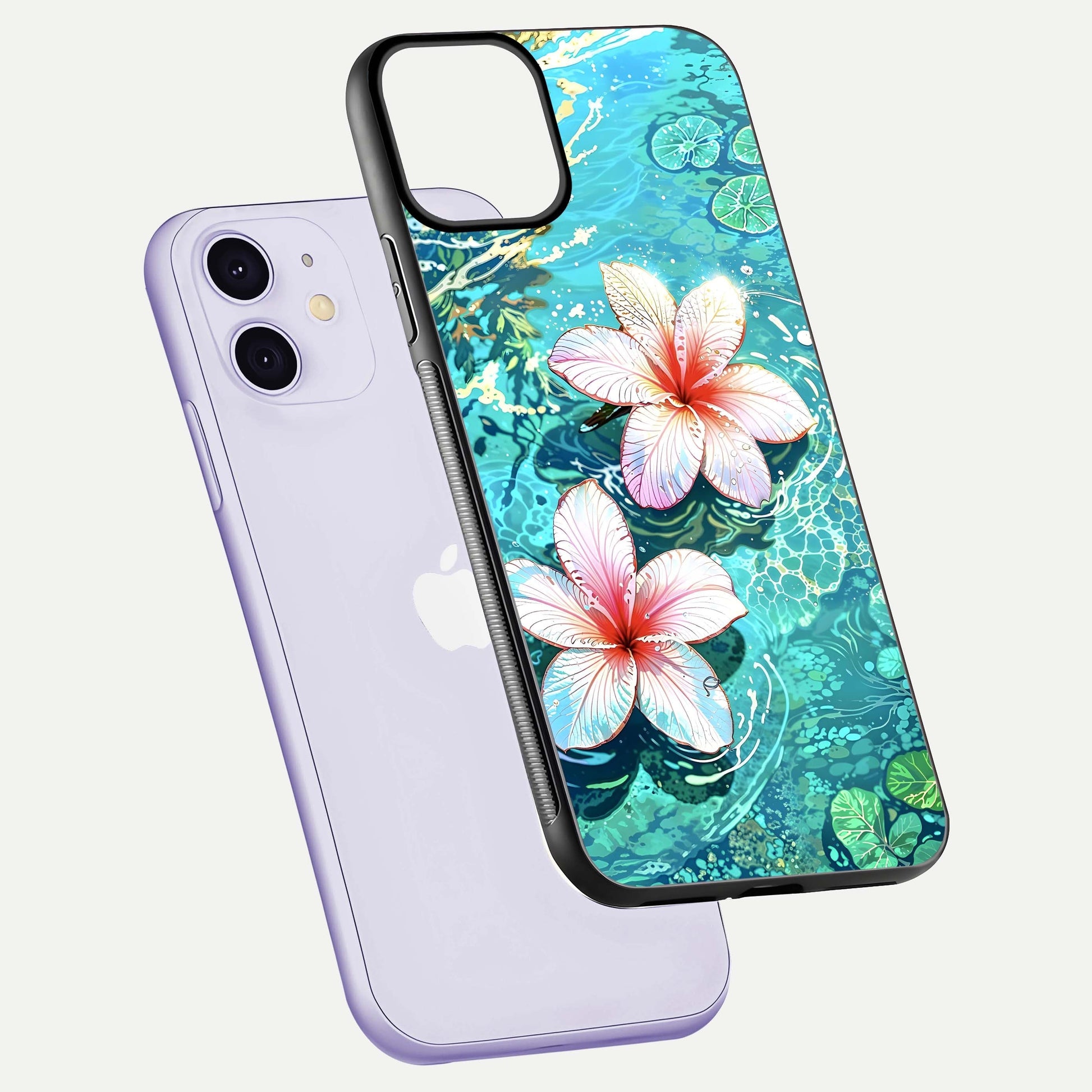Pink Flowers in Water Glass Case for iPhone 11 floating dual-view mockup showing gloss and floral clarity