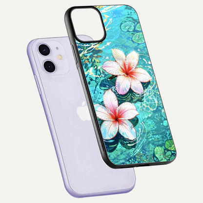 Pink Flowers in Water Glass Case for iPhone 11 floating dual-view mockup showing gloss and floral clarity