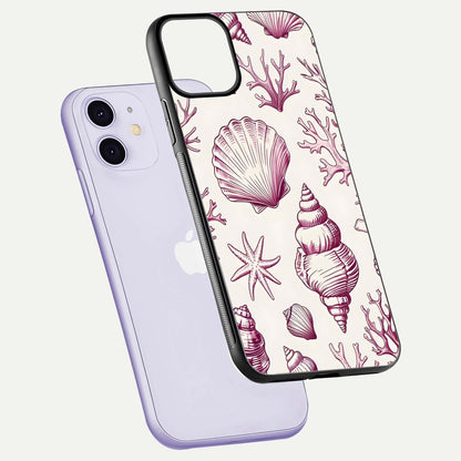 Pink Shells Outline Glass Case for iPhone 11 floating dual-view mockup displaying gloss and ocean vibe