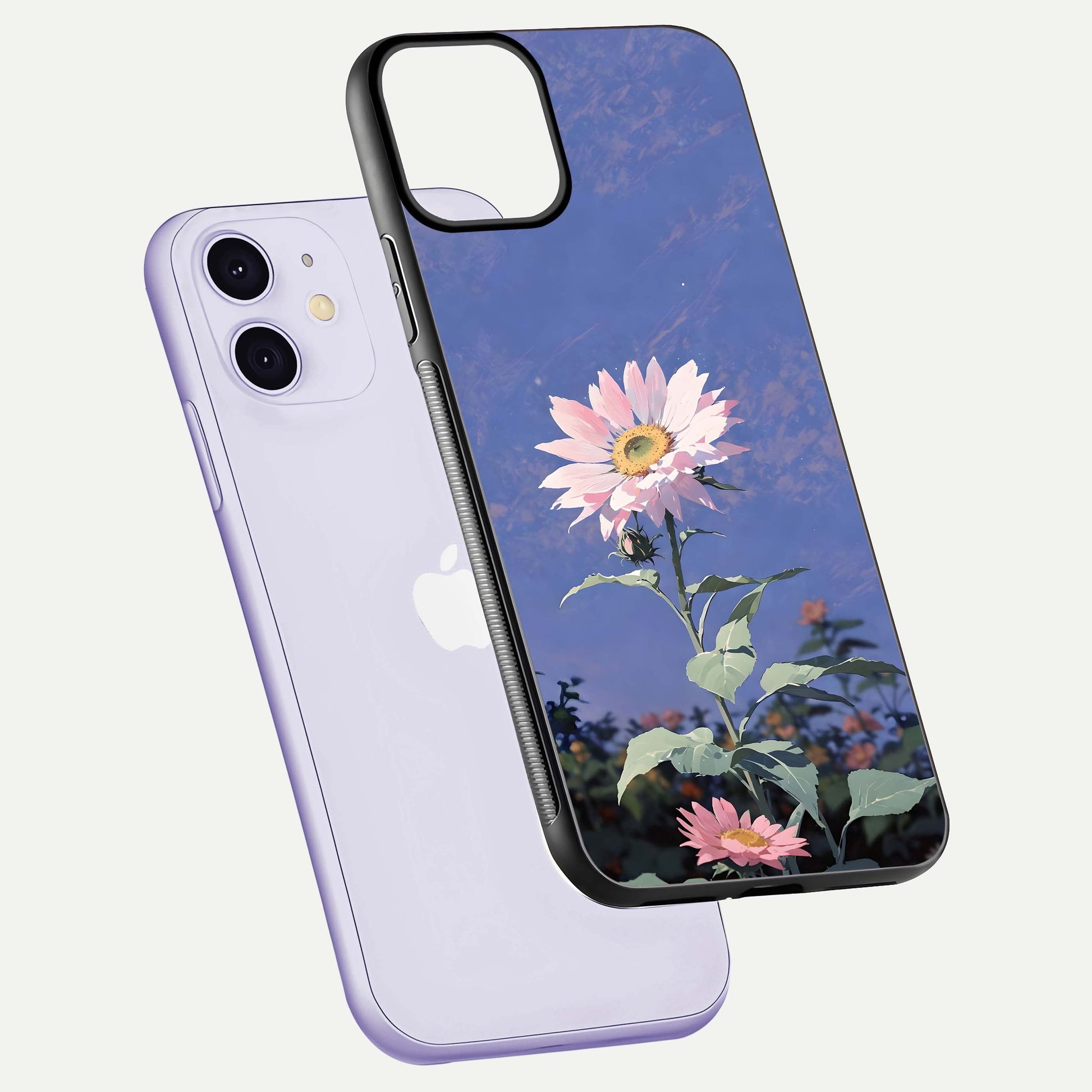 Pink Sunflower Glow Glass Case for iPhone 11 floating dual-view mockup showing gloss reflection and design depth
