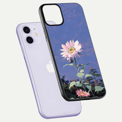 Pink Sunflower Glow Glass Case for iPhone 11 floating dual-view mockup showing gloss reflection and design depth