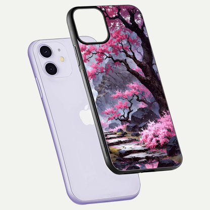 Pinkish Scenery Glass Case for iPhone 11 floating dual-view mockup displaying gloss shine and artistic tone