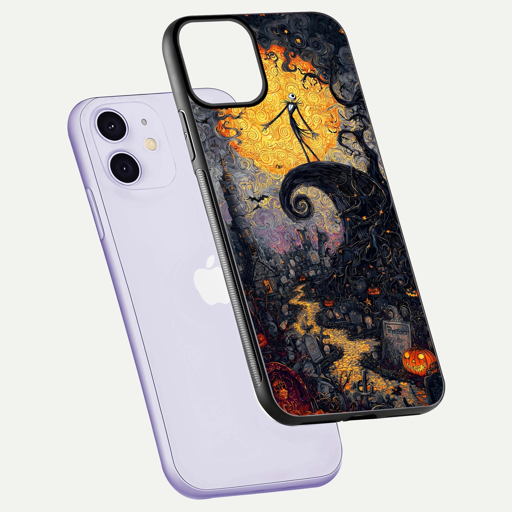 Pumpkin Moon Night Glass Case for iPhone 11 floating dual-view mockup showing HD gloss and spooky detail