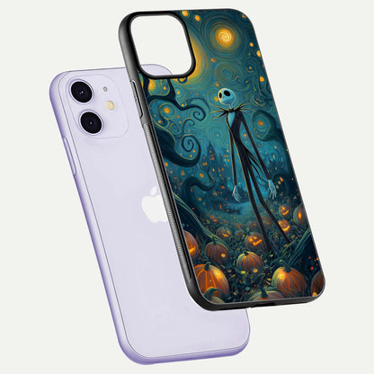 Pumpkin Moonlight Tale Glass Case for iPhone 11 floating dual-view mockup showing HD gloss and eerie design