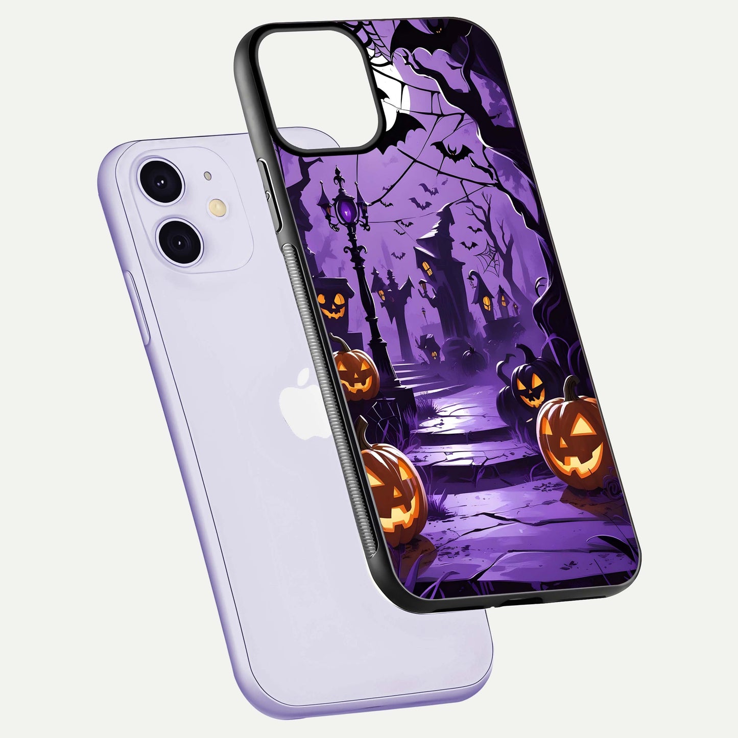 Pumpkin Patch Halloween Glass Case for iPhone 11 floating dual-view mockup displaying gloss and dark tone