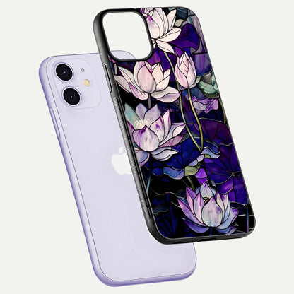 Purple Lotus Pattern Glass Case for iPhone 11 floating dual-view mockup showing glass shine and vivid purple hue