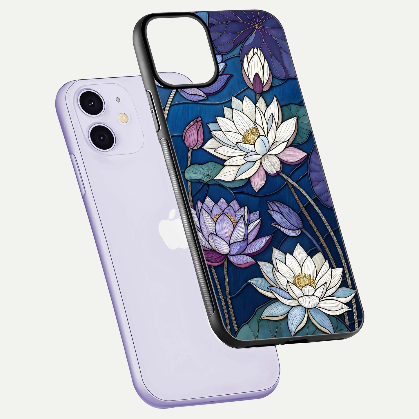 Purple Lotus Stained Glass Case for iPhone 11 floating dual-view mockup displaying color depth and glass clarity