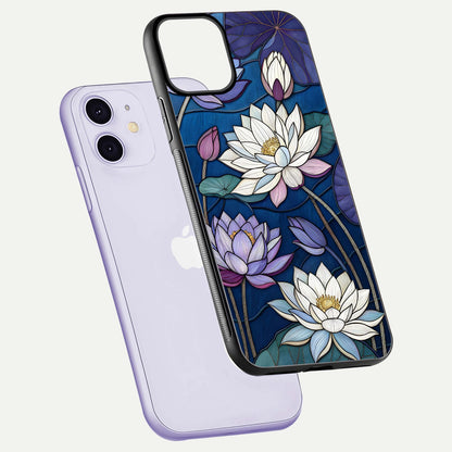 Purple Lotus Stained Glass Case for iPhone 11 floating dual-view mockup displaying color depth and glass clarity