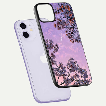 Purple Serenity Moon Glass Case for iPhone 11 floating dual-view mockup showing gloss and cosmic detail