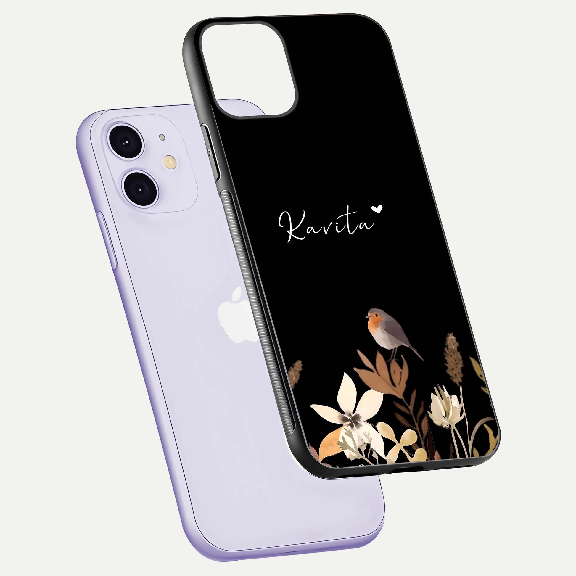 Quiet Garden Tune Custom Name Glass Case for iPhone 11 floating dual-view mockup showing gloss and elegant detail
