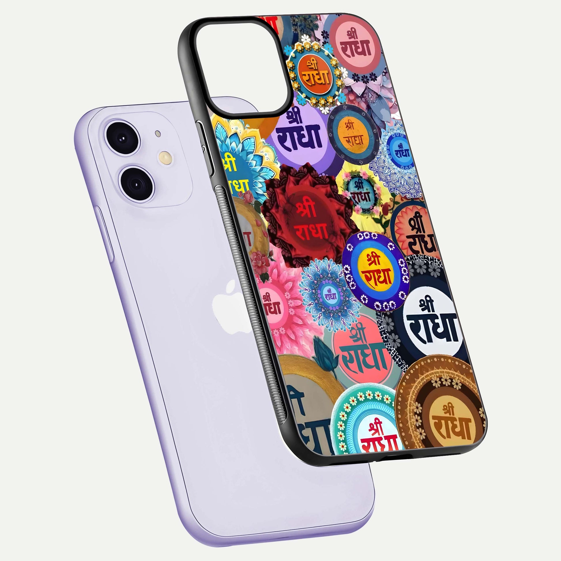 Radha Divine Bloom Glass Case for iPhone 11 floating dual-view mockup showing gloss depth and HD art