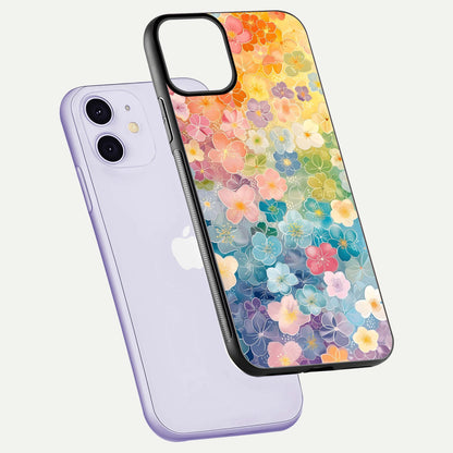 Rainbow Blossom Burst Glass Case for iPhone 11 floating dual-view mockup displaying gloss and gradient pattern