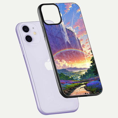 Rainbow Valley Dream Glass Case for iPhone 16 Pro floating dual-view mockup showing gloss texture and dream vibe
