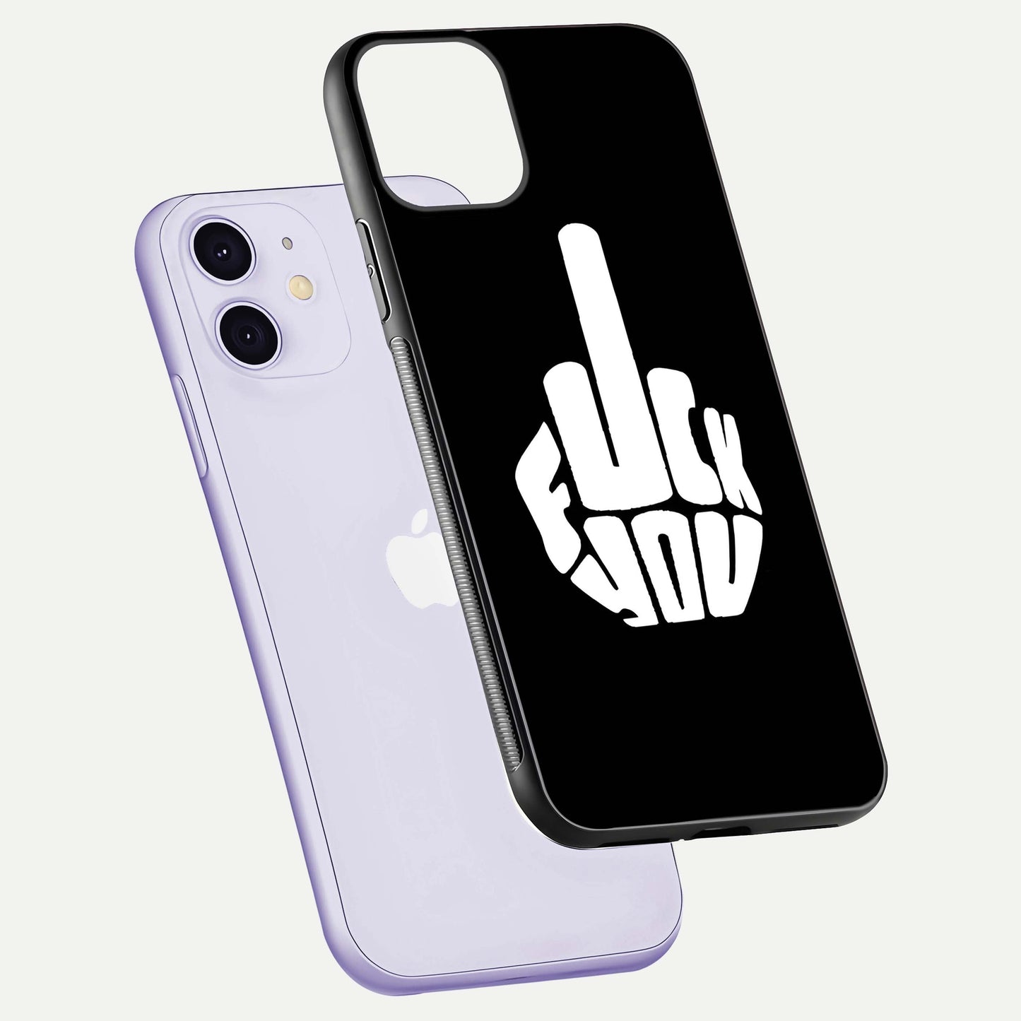 Rebel Mode On Glass Case for iPhone 11 floating dual-view mockup displaying gloss shine and statement art