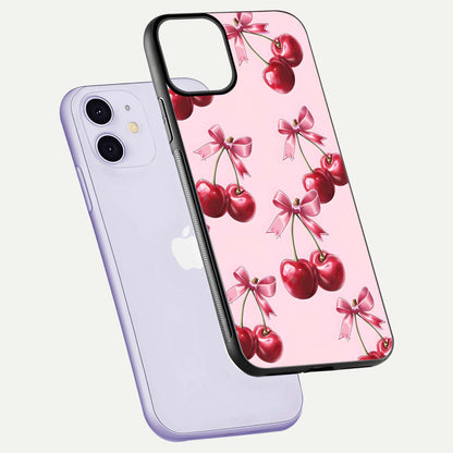 Red Cherries Pattern Glass Case for iPhone 11 floating dual-view mockup showing gloss and color contrast