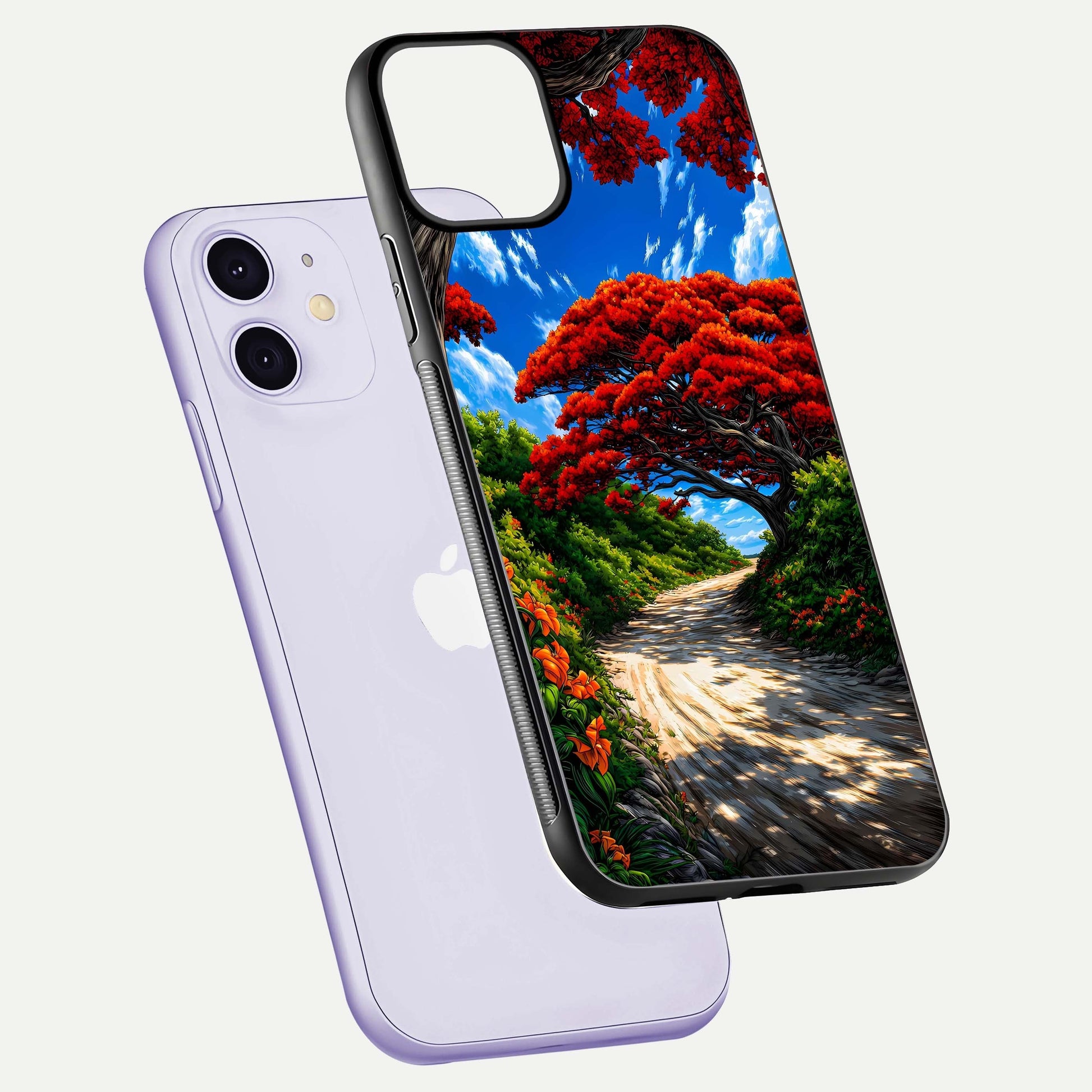 Red Trees Pathway Glass Case for iPhone 11 floating dual-view mockup displaying gloss texture and print depth