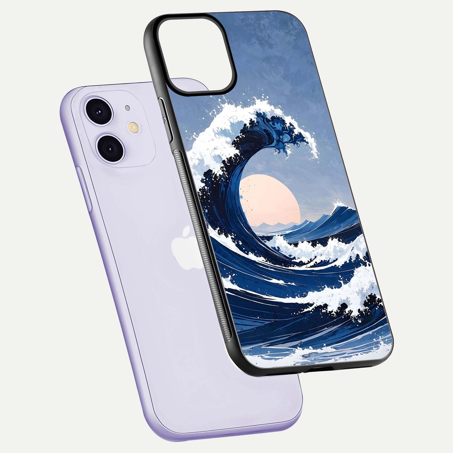 Rising Tide Power Glass Case for iPhone 11 floating dual-view mockup displaying gloss texture and flow pattern