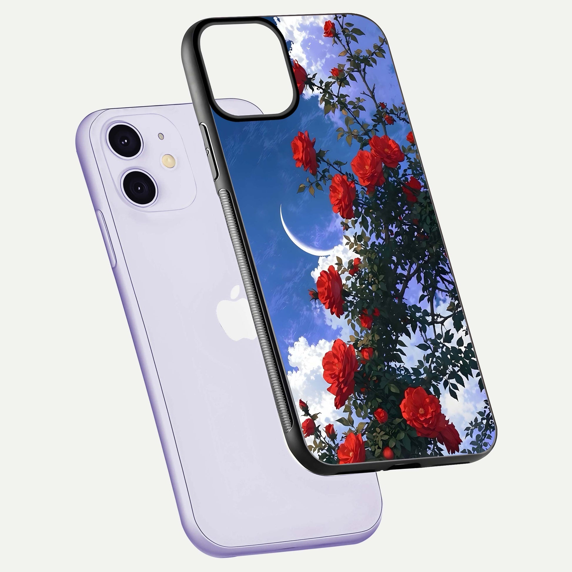 Rose Drift Flowers Glass Case for iPhone 11 floating dual-view mockup showing gloss shine and floral tone