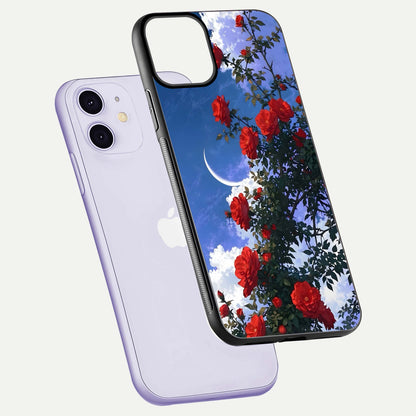 Rose Drift Flowers Glass Case for iPhone 11 floating dual-view mockup showing gloss shine and floral tone