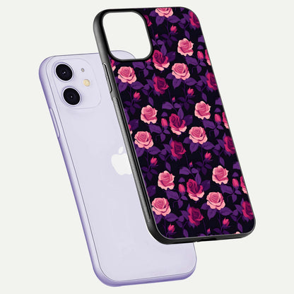 Rose Garden Twilight Glass Case for iPhone 11 floating dual-view mockup displaying gloss surface and depth