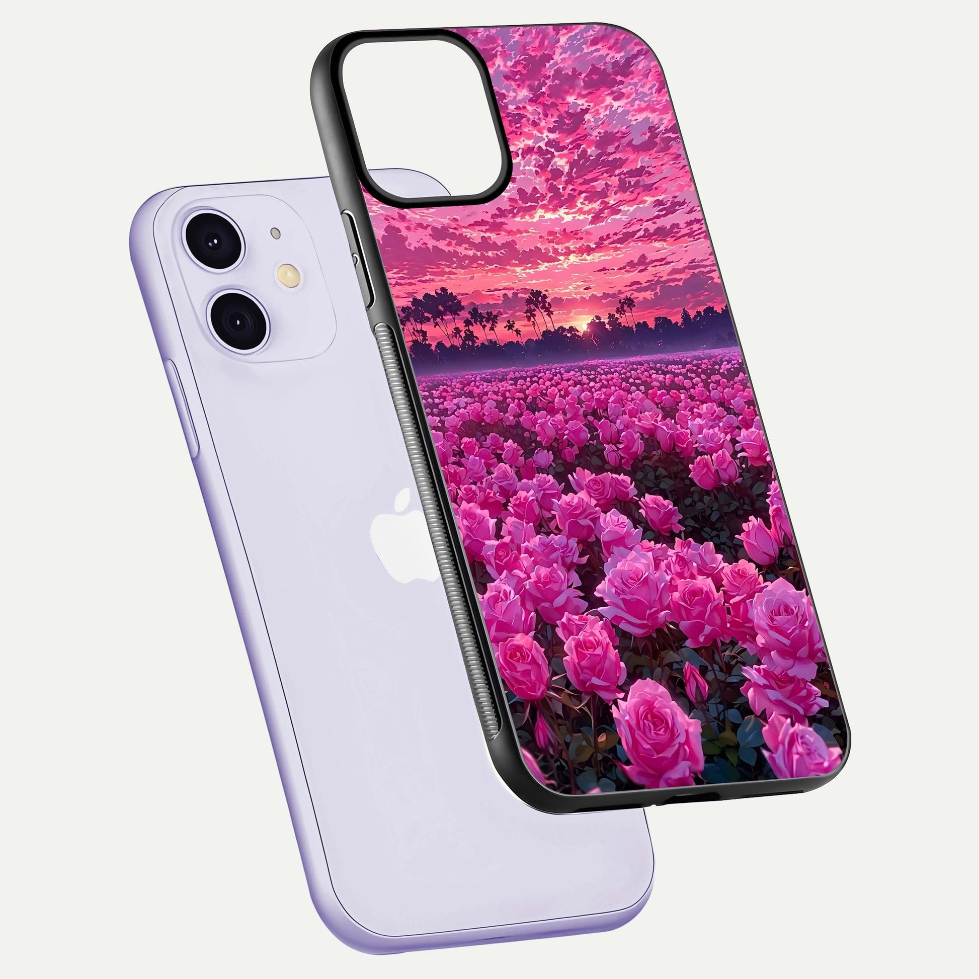 Rose Sunset Valley Glass Case for iPhone 11 floating dual-view mockup showing gloss reflection and art depth