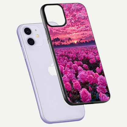 Rose Sunset Valley Glass Case for iPhone 11 floating dual-view mockup showing gloss reflection and art depth