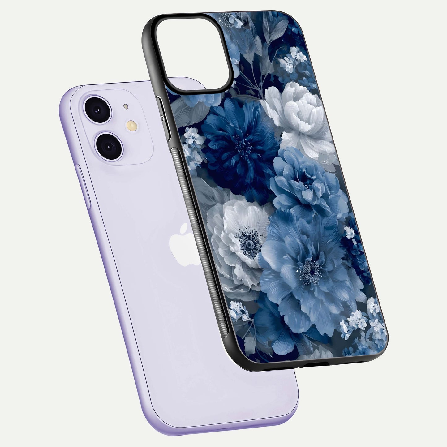 Royal Bloom Garden Glass Case for iPhone 11 floating dual-view mockup displaying gloss and print clarity