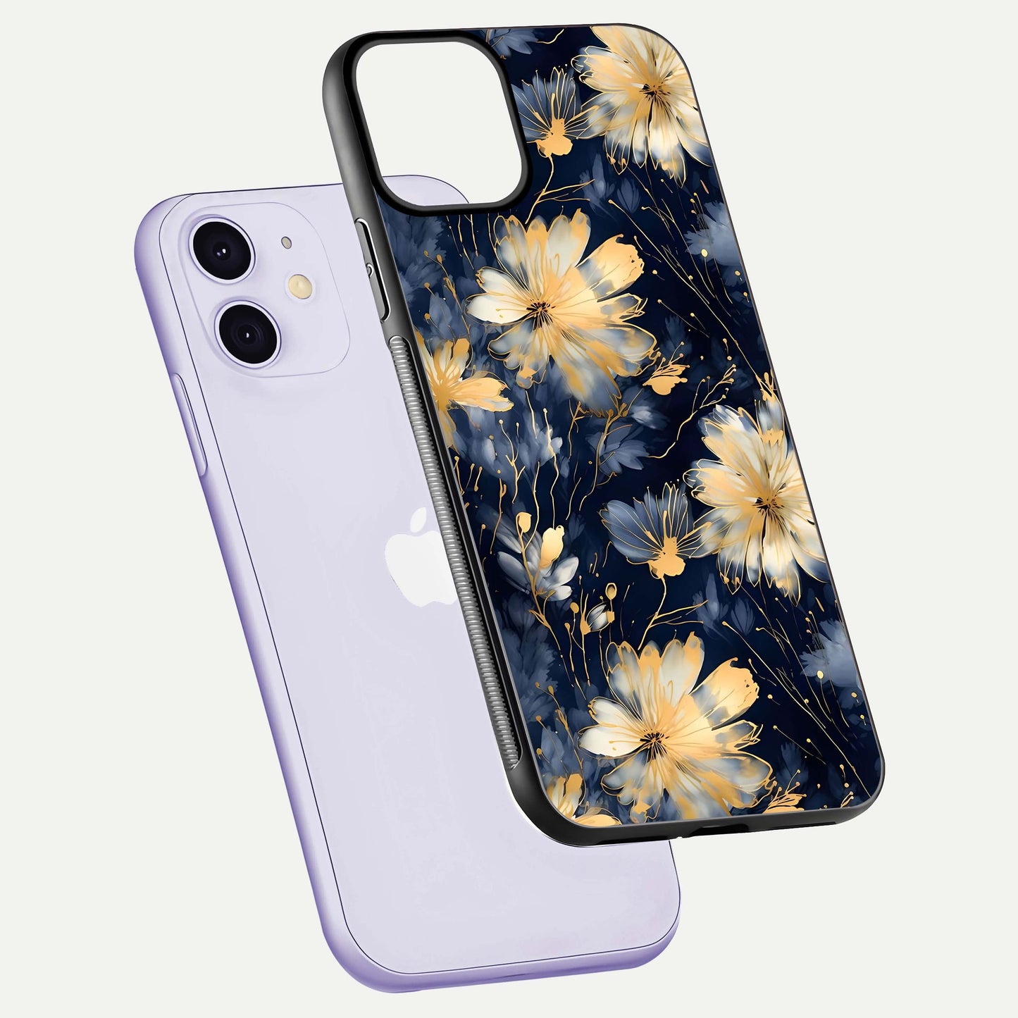 Royal Petal Dream Glass Case for iPhone 11 floating dual-view mockup displaying gloss reflection and tone contrast