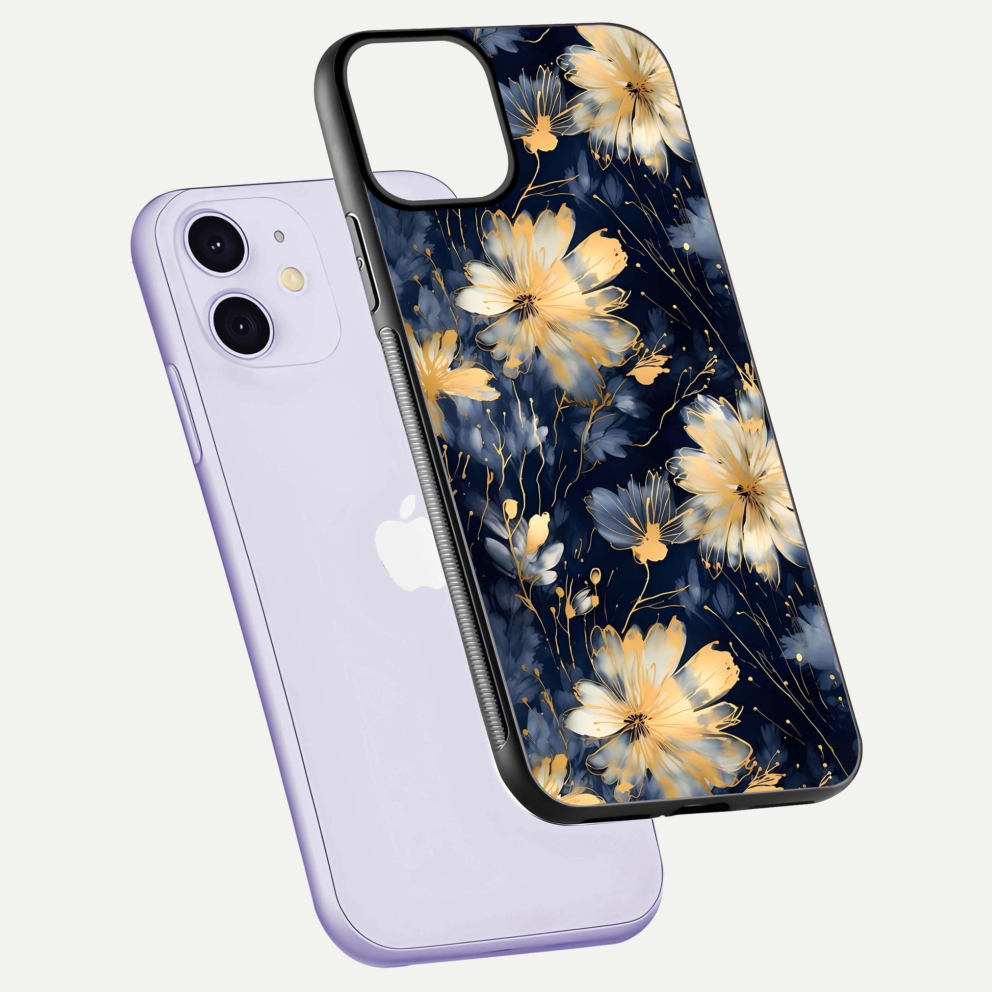 Royal Petal Dream Glass Case for iPhone 11 floating dual-view mockup displaying gloss reflection and tone contrast