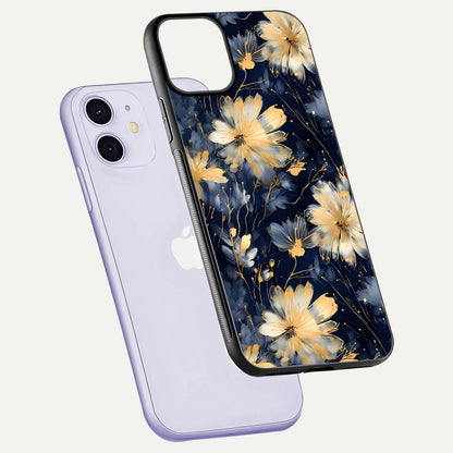 Royal Petal Dream Glass Case for iPhone 11 floating dual-view mockup displaying gloss reflection and tone contrast