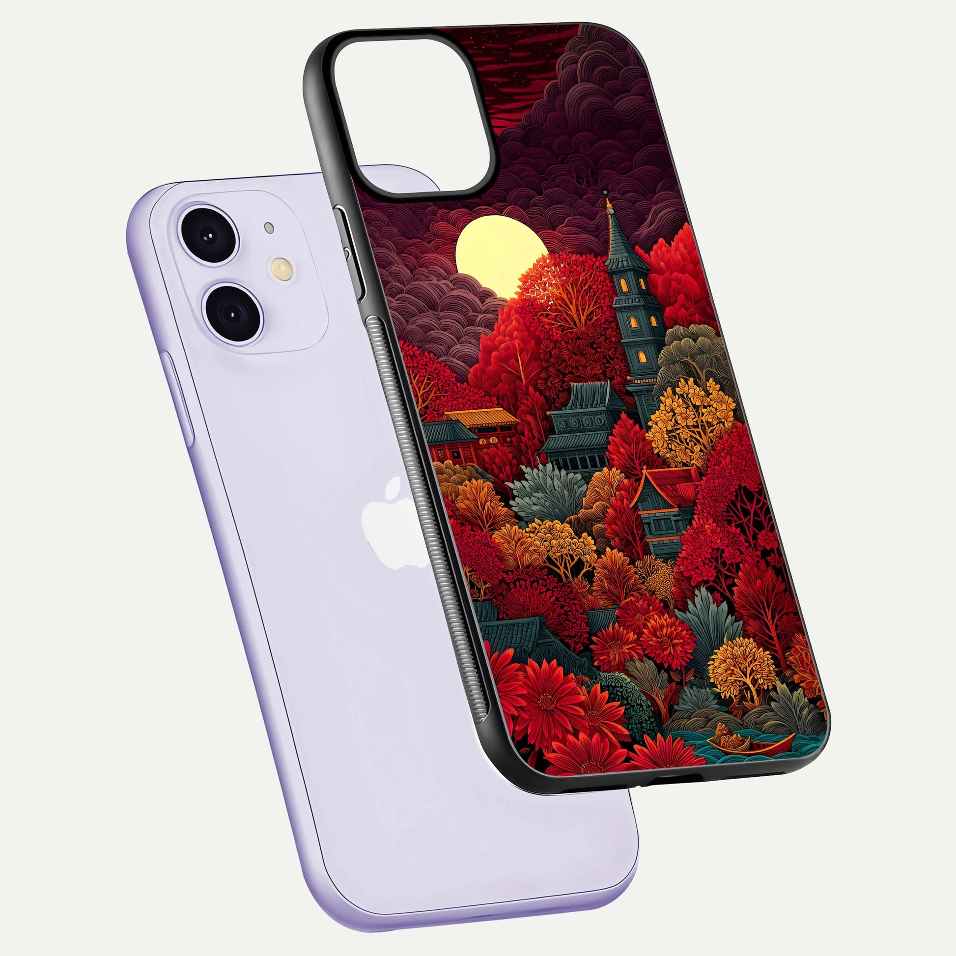 Scarlet Autumn Temple Glass Case for iPhone 11 floating dual-view mockup displaying gloss shine and autumn tones