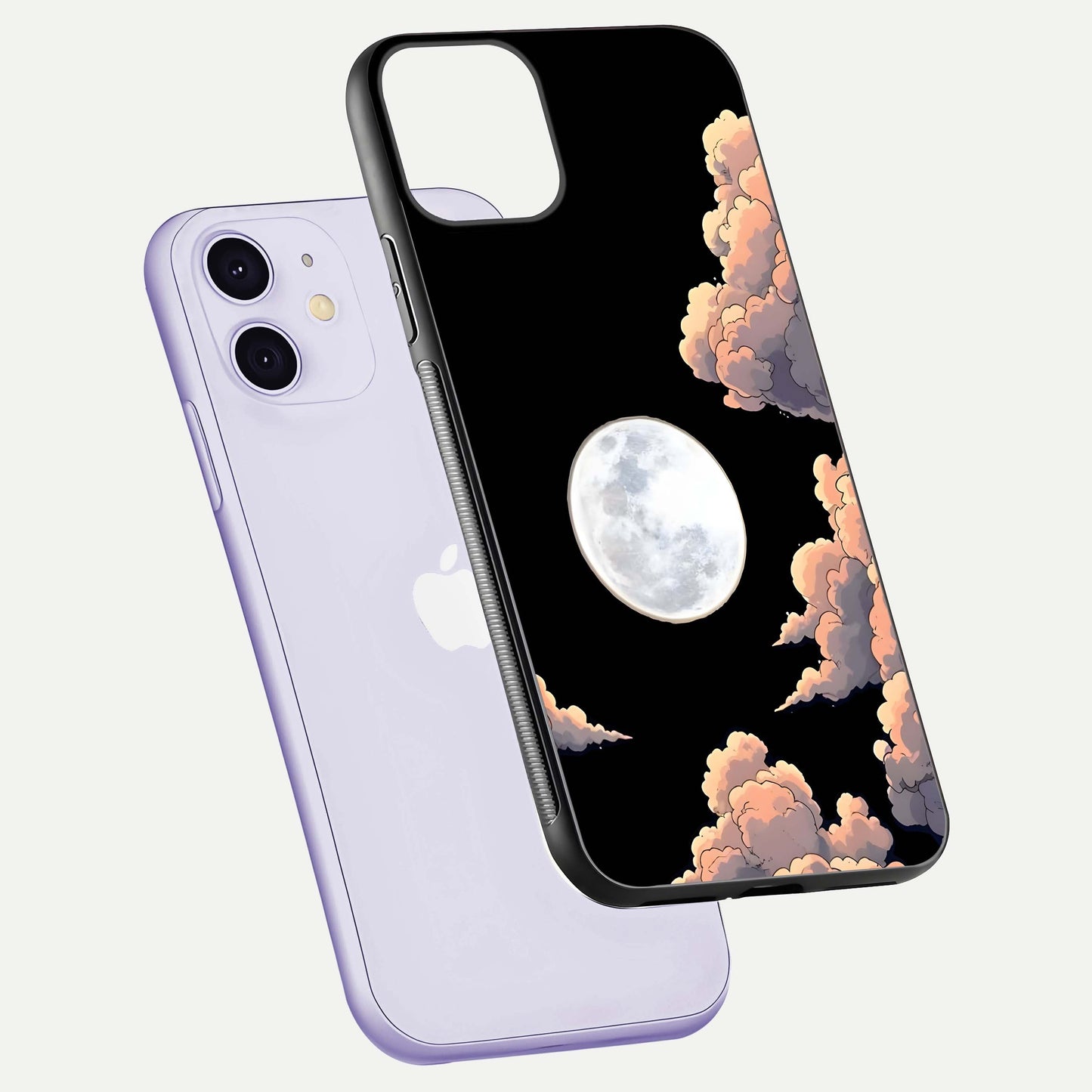 Shade Cloud Moon Glass Case for iPhone 11 floating dual-view mockup showing gloss and celestial texture