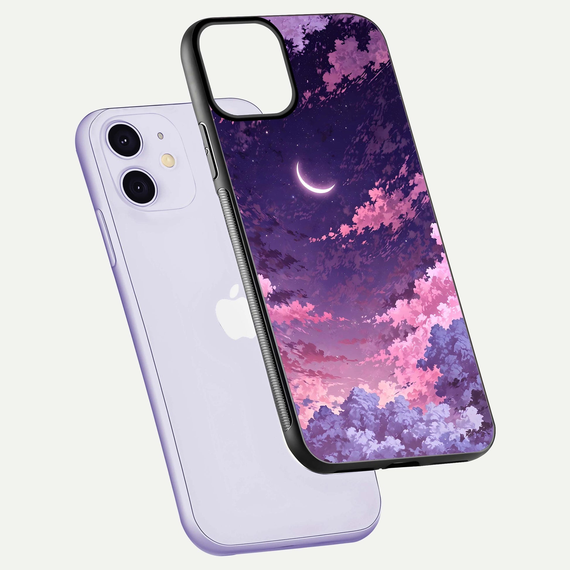 Sky Drift Clouds Glass Case for iPhone 11 floating dual-view mockup displaying gloss shine and depth