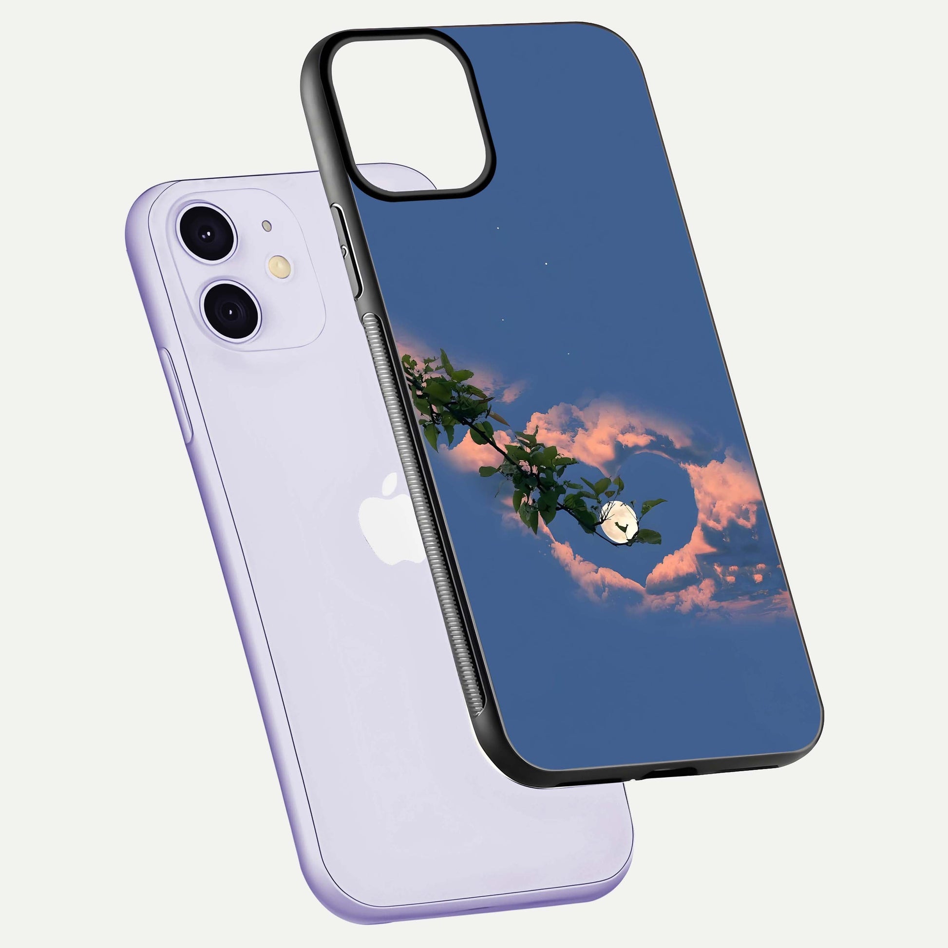 Sky Under Tree Glass Case for iPhone 11 floating dual-view mockup displaying gloss reflection and landscape tone