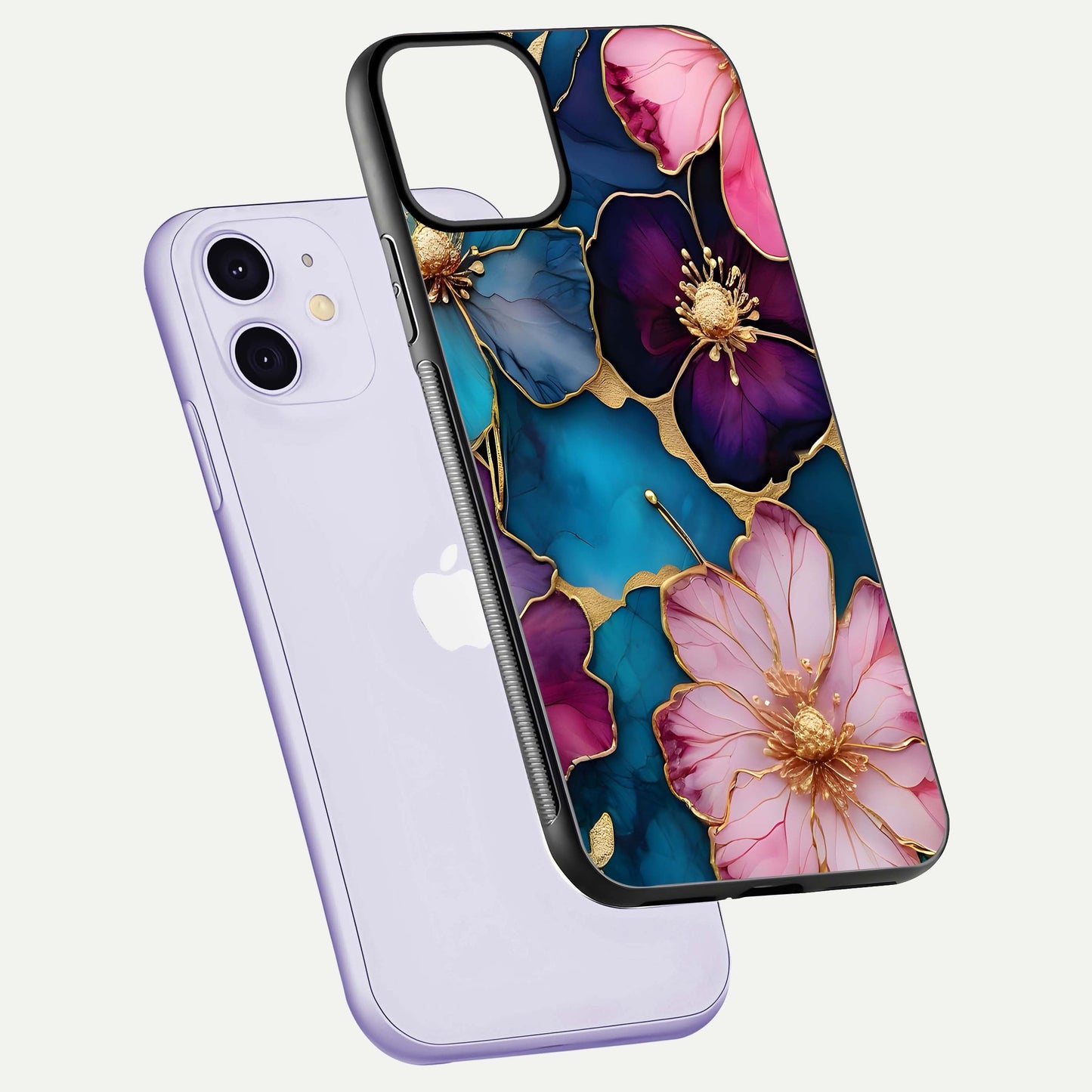 Sparkle Floral Glass Case for iPhone 11 floating dual-view mockup displaying gloss surface and sparkle effect