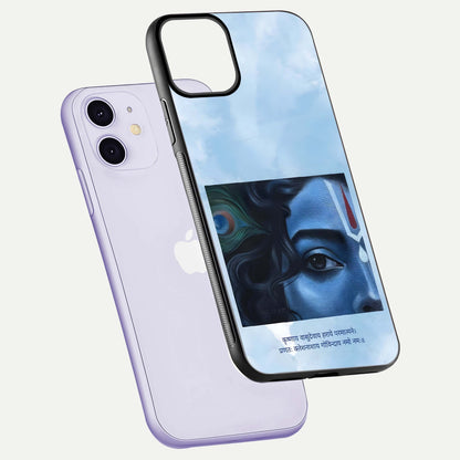 Spiritual Krishna Glass Case for iPhone 16 Pro floating dual-view mockup displaying gloss shine and divine detail