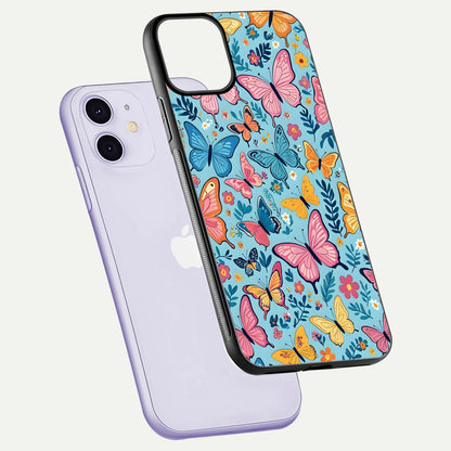Spring Wing Garden Glass Case for iPhone 11 floating dual-view mockup showing gloss texture and vivid print