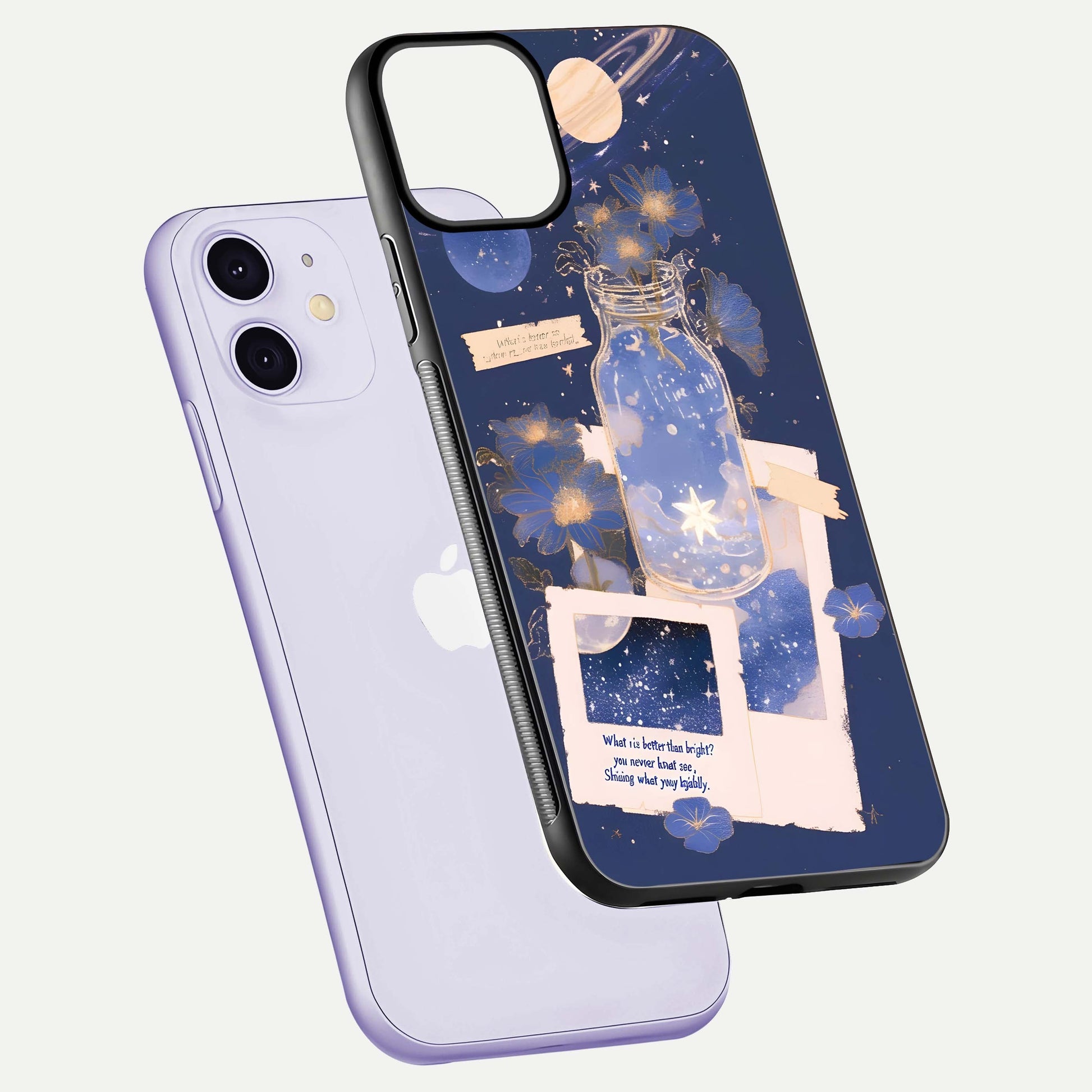 Starlit Cosmic Jar Glass Case for iPhone 11 floating dual-view mockup displaying gloss and starry depth