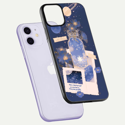 Starlit Cosmic Jar Glass Case for iPhone 11 floating dual-view mockup displaying gloss and starry depth
