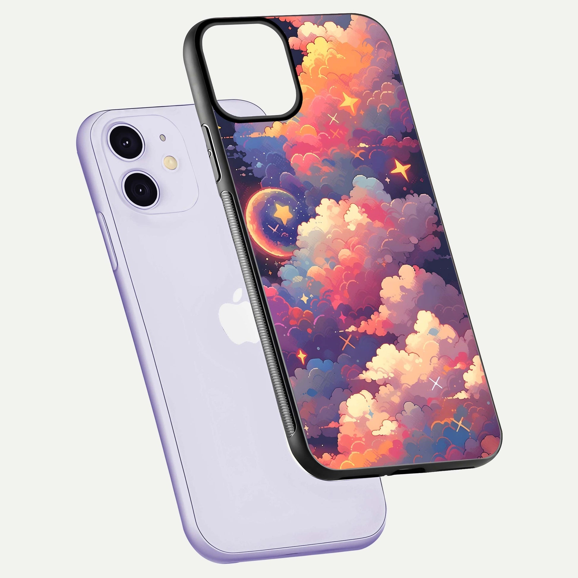 Starlit Dream Clouds Glass Case for iPhone 11 floating dual-view mockup displaying gloss and soft light detail