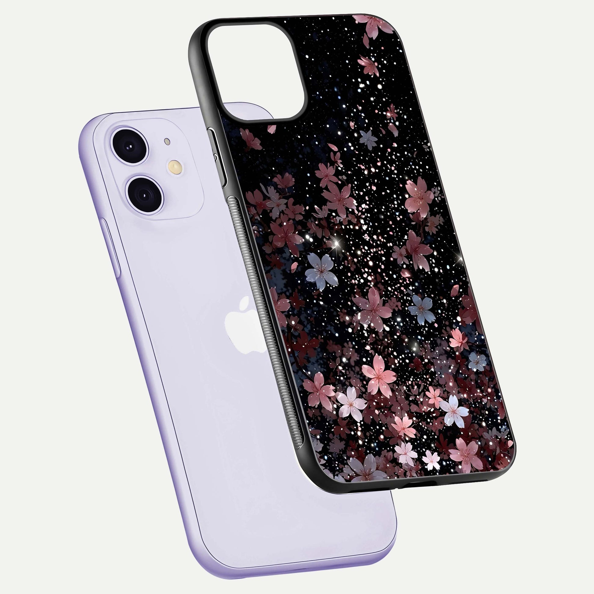 Starlit Flower Dreams Glass Case for iPhone 11 floating dual-view mockup displaying gloss and print clarity