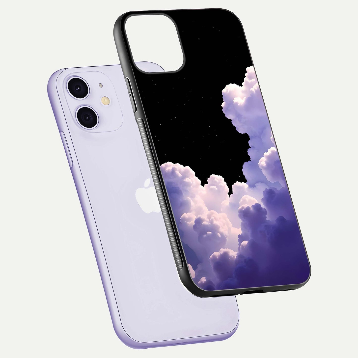 Starlit Night Whispers Glass Case for iPhone 11 floating dual-view mockup displaying gloss surface and depth