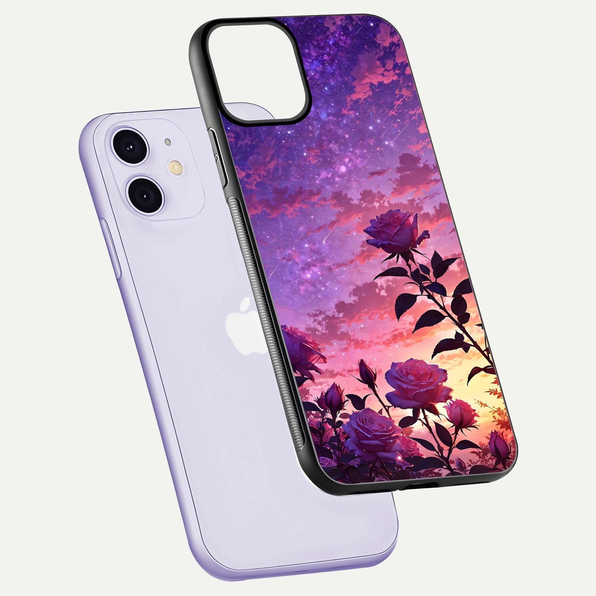 Starlit Rose Twilight Glass Case for iPhone 11 floating dual-view mockup displaying gloss shine and depth