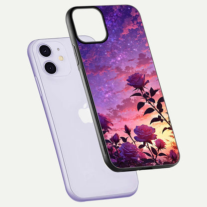 Starlit Rose Twilight Glass Case for iPhone 11 floating dual-view mockup displaying gloss shine and depth