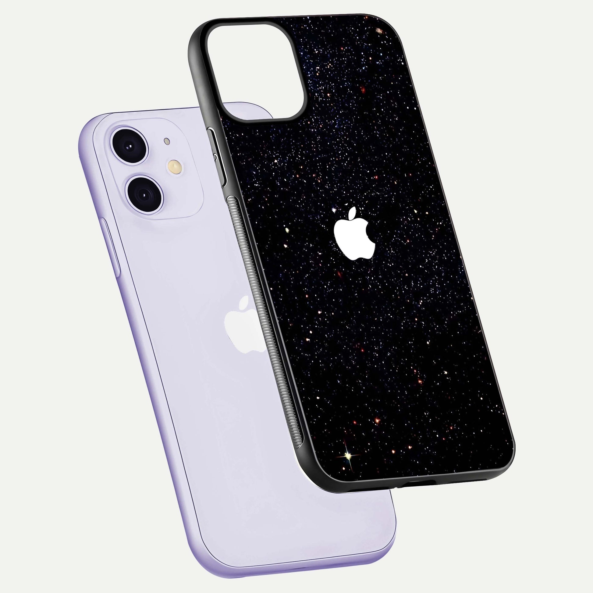 Starry Apple Galaxy Glass Case for iPhone 11 floating dual-view mockup displaying reflection and shine