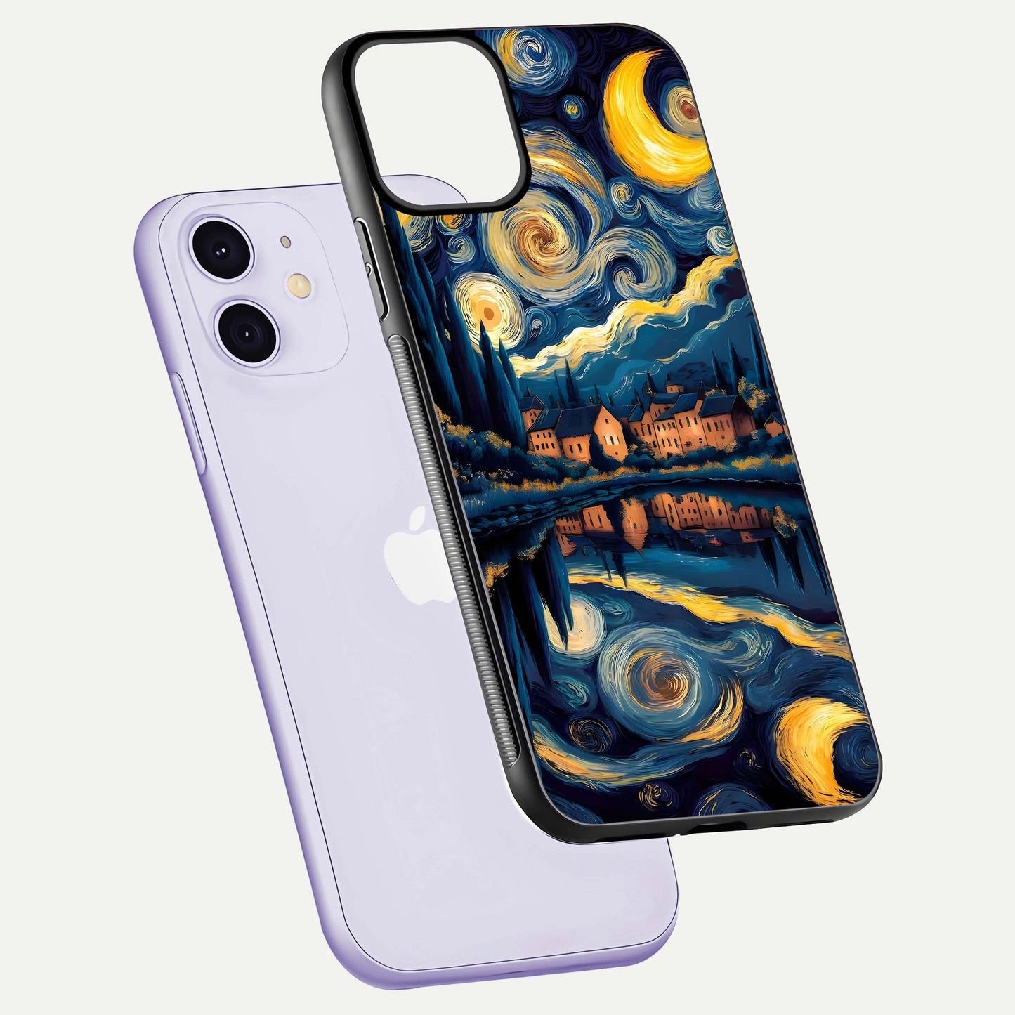 Starry Sky Serenity Glass Case for iPhone 11 floating dual-view mockup displaying gloss texture and shine